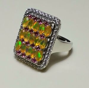925 Silver Opal Tourmaline & White Topaz Ring Sz 10